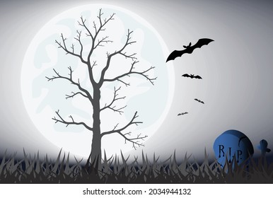 Halloween night with the full moon. Bats in cemetery in horror night.