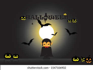 Halloween night with a full moon with King Dracula and the blood-sucking minions reflecting the dim light of the moon.