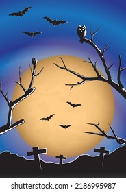 Halloween night full moon night the silence of the cemetery Terrifying creatures like ghost bats and owls that keep your eyes on you in the dark.