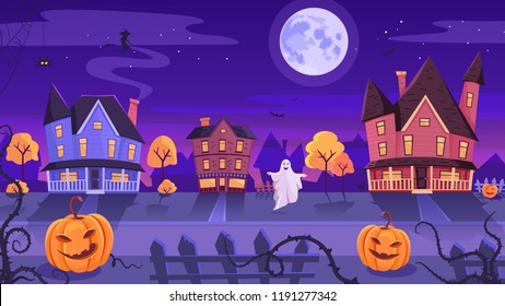 Halloween Night Funny Ghost Vector Street Illustration