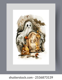 Halloween night with ghost and bat living near gravestone on wall art. Watercolor artwork. Print with monsters awakening on eve of Halloween to create creepy atmosphere, in frame with decor for poster