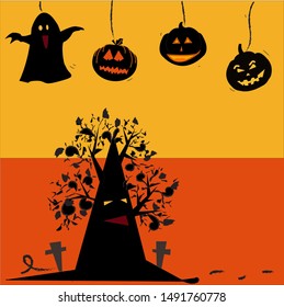 Halloween night , ghost, castle, pumpkin,tree on orange background.