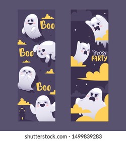 Halloween night ghosts, vector illustration banners. Flying spirits with various emotions, funny cartoon characters. Screaming and angry, smiling and happy ghosts on halloween night celebration