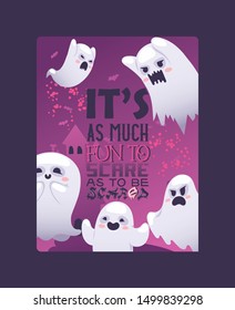 Halloween night ghosts, vector illustration card or poster. Funny characters, screaming and angry, smiling and happy ghosts on halloween night celebration. Its as much fun to scare as to be scared