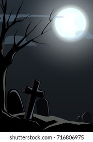 halloween night with graveyard  background, black halloween party greeting, vector illustration