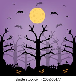 Halloween night with graveyard. Halloween background. Spooky forest with treesVector illustration.