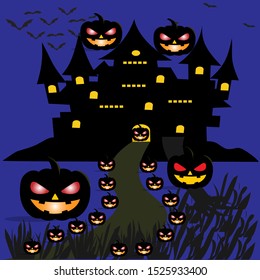 Halloween in night graveyard house 