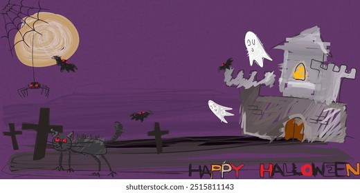 Halloween night graveyard landscape with bats, black cat, spider, haunted house and full moon doodle graphic illustration. Flyer or invitation template for Halloween party with blank space.