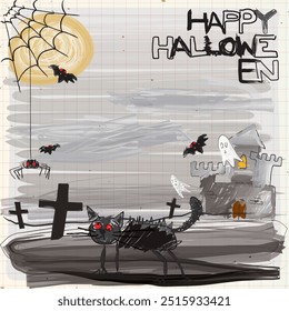 Halloween night graveyard landscape hand drawn style on notebook paper square background graphic illustration. Flyer or invitation vertical template for Halloween party naive art with blank space.