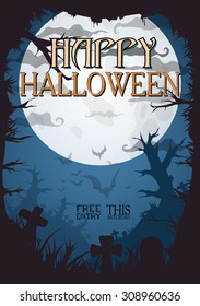 Halloween Night Graveyard old style background. Vector illustration