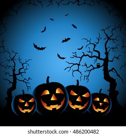 Halloween night with grinning pumpkins on blue background