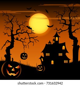 Halloween night with grinning pumpkins and scary castle on background