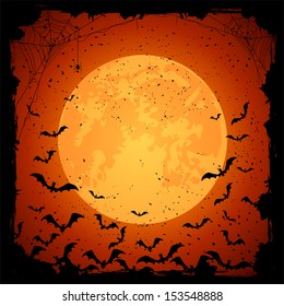 Halloween night, grunge background with Moon and bats, illustration