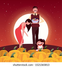 halloween night with happy family and candies, vector illustration design