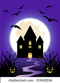 Halloween night - haunted castle and full moon background