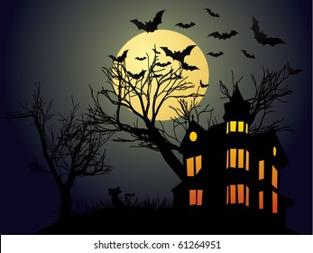 Halloween night with haunted house and bats