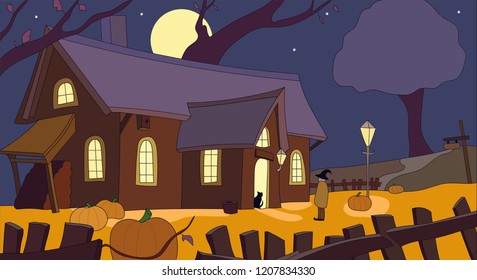 Halloween Night with Haunted House, Cat, Witch, Pumpkins and Tree. Vector Illustration.