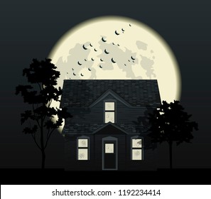 Halloween night and haunted house with ghosts, bats flying over full moon vector illustration