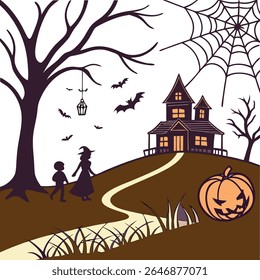 Halloween night with haunted house pumpkin and bats in spooky background