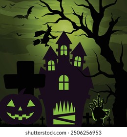 Halloween night, haunted house with pumpkins, and Moon background, Halloween day illustration. Halloween theme with dark night background, illustration.