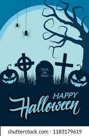 Halloween night holiday poster with hand lettering Happy Halloween and traditional holiday spooky symbols. Vector illustration.