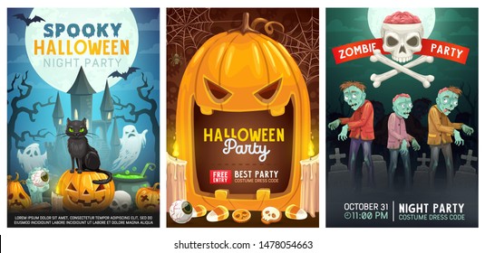 Halloween night holiday, trick or treat party with zombie and monsters. Vector Halloween pumpkin lantern candles on cemetery graveyard, witch cat with ghosts, bats and scary skull in spider web