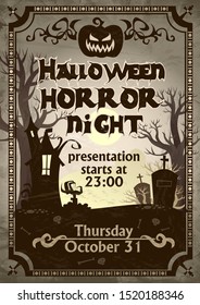 Halloween night horror presentation flyer vector illustration. Scary invitation for Hallows party with angry pumpkins, spooky forest and graveyard flat style design. Allhalloween concept