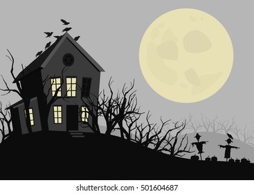 Halloween night. The house, trees, scarecrows, pumpkins and the moon. Vector illustration