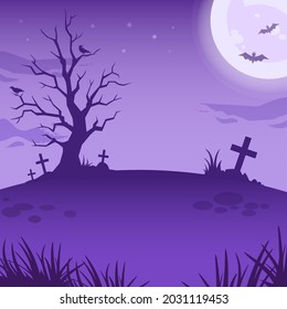 Halloween night illustration. Big glowing moon, tree with ravens and night spooky landscape. Vector spooky illustration with evil tree, graves and full moon. Halloween background, poster, decoration.