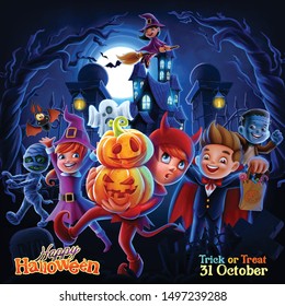 halloween night illustration cartoon with kids