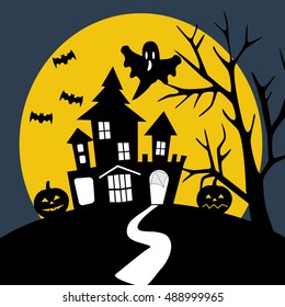 Halloween night illustration. Dark house on the moon background with ghost, bat and pumpkin. Vector illustration