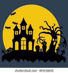 Halloween night illustration. Dark house on the moon background with evil tree, bat and pumpkin. Vector illustration