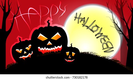 Halloween night illustration with evil pumpkins and big october moon
