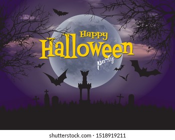 Halloween night illustration, Halloween night at the graveyard and New moon background.