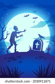 Halloween night illustration. Walking dead, big glowing moon and night spooky landscape. Vector spooky illustration with zombie, tombstone and full moon. Halloween background, poster, decoration.