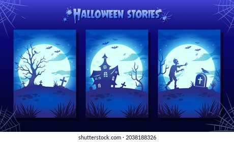 Halloween night illustrations, backgrounds in blue colors. Vector Collection. Glowing moon, zombie, witch house and sinister tree. Graves, crosses and bats. Halloween decorations