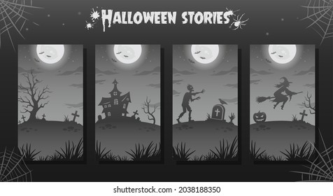 Halloween night illustrations and backgrounds collection. Stories templates for halloween. Big glowing moon with bats, zombie, flying witch. Wtich house, sinister tree and graves.