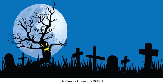 halloween night illustrations, vector format, evil tree in cemetery.