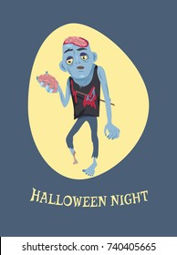 Halloween night image with sample headline placed below icon of sad zombie holding brain and walking forward vector illustration isolated on blue