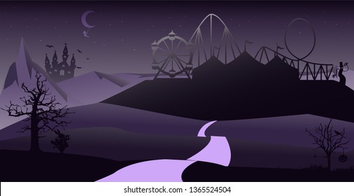 Halloween Night Landscape With Amusement Park And Circus , Flat Landscape , Vector Illustration