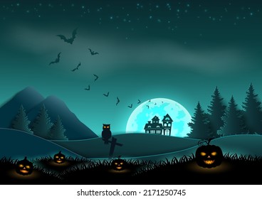 Halloween night landscape background on paper art style,vector illustration