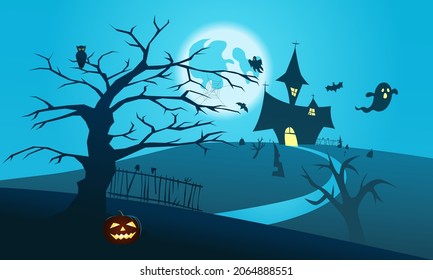 Halloween night landscape banner, vector illustration. Happy Halloween cartoon flat design