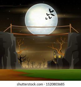 Halloween night landscape with bridge on the cliff