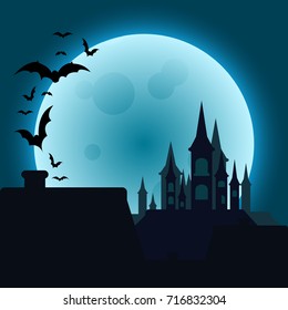 Halloween night landscape with castle and bats