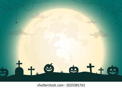 Halloween night landscape. Cemetery on the moonlight and scary pumpkins. Vector illustration.