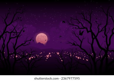 Halloween night landscape, city view from the forest