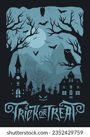 Halloween night landscape colorful flyer with owl sitting on tree and fairytale castles near trick or treat slogan vector illustration