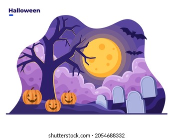 Halloween night landscape flat illustration with full moon, pumpkin, tree, graveyard. can be used for greeting card, invitation, poster, postcard, banner, web, social media, print.