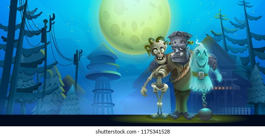 Halloween night landscape with friendly sceleton, Frankenstein and ghost in the moonlight. Vector illustration.