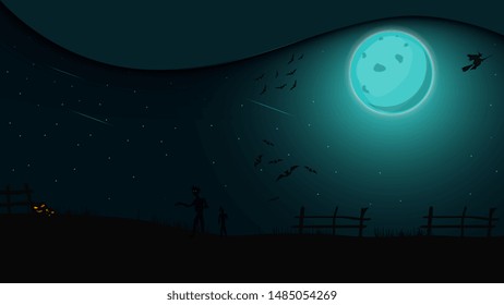 Halloween night, night landscape with full moon, witches and zombies